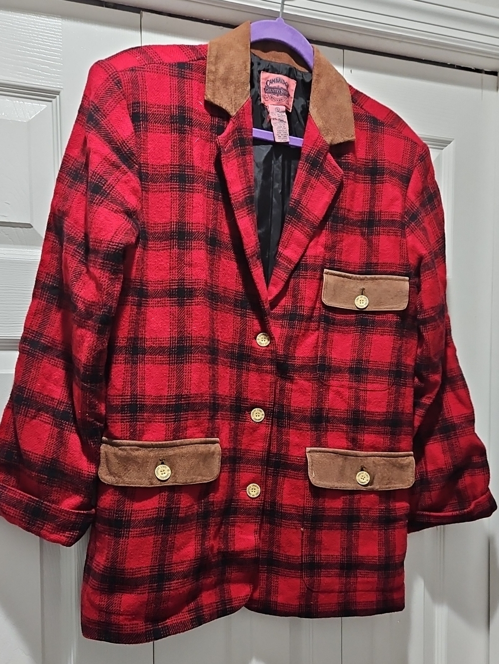 Vintage Women's Classic Plaid Wool-Blend Blazer Jacket with Suede Trim